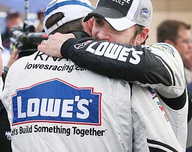 Vegas Race Winner Jimmie Johnson hugs crew chief Chad Knaus